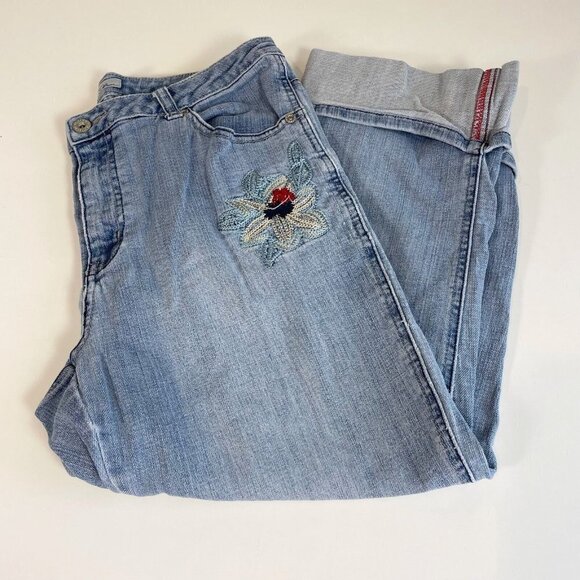 Chico's Denim - Chico's Platinum Cropped Capri Jeans Women 29 Blue Cuff Hem Embroidered Mid Rise